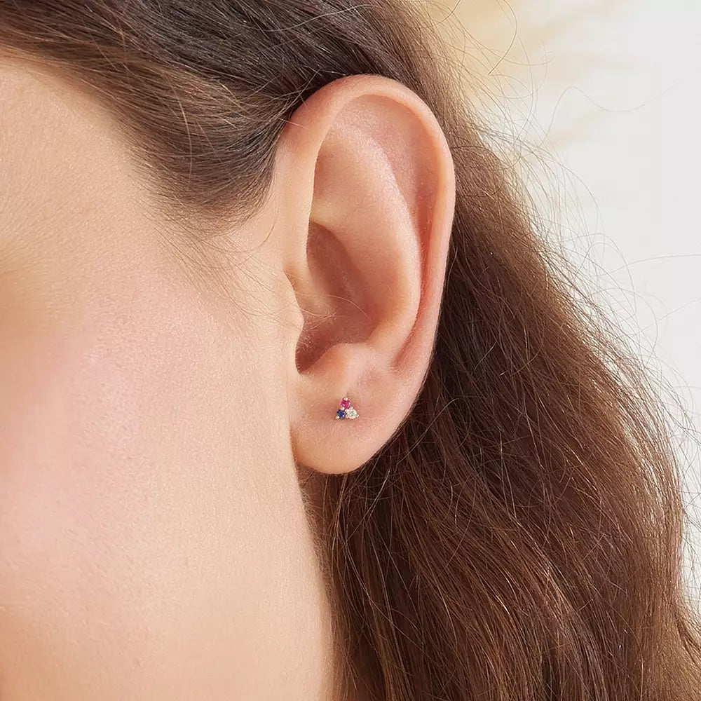 Triangle Diamond, Sapphire, and Ruby Mini Single Earring