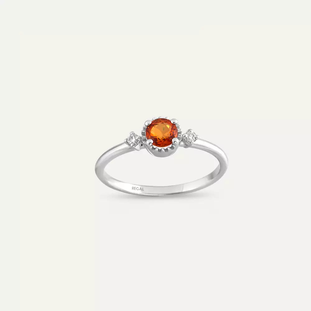 Trine Pırlanta ve Orange Safir Taşlı Beyaz Altın Yüzük