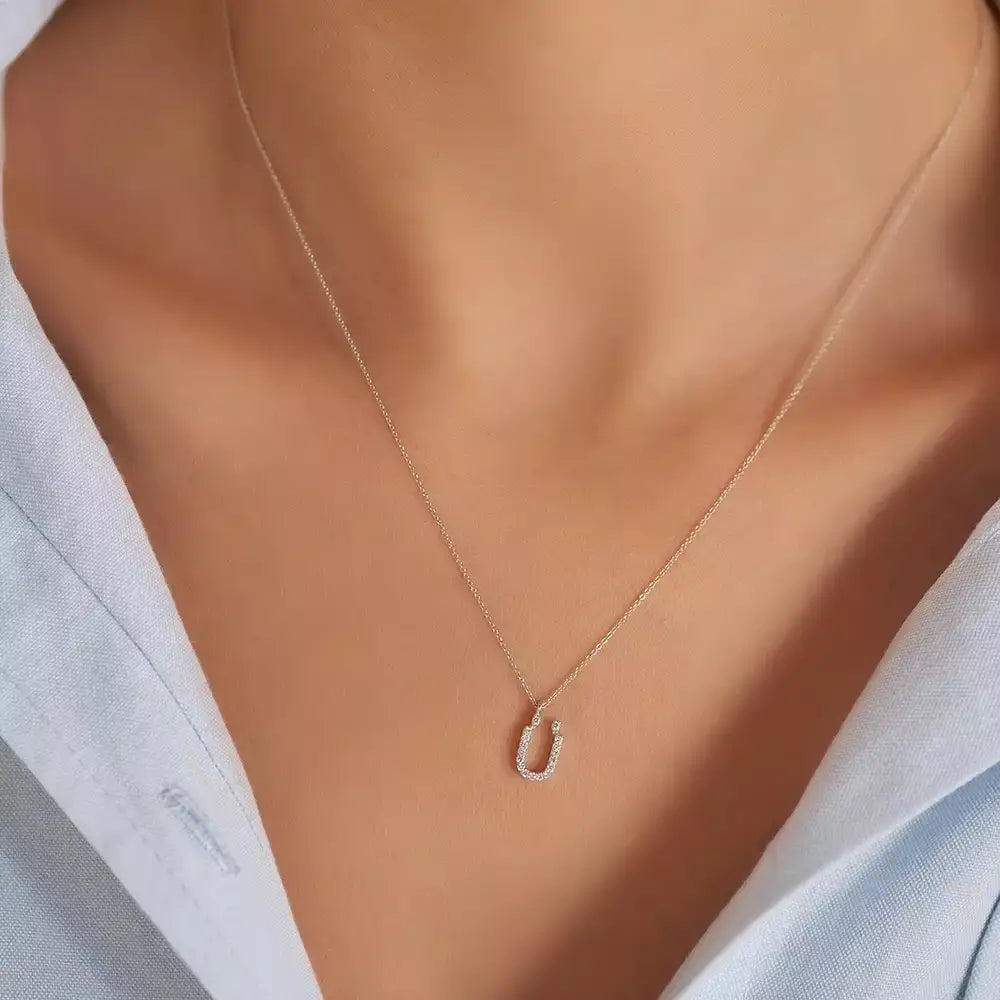 U Letter 0.12 CT Diamond White Gold Necklace