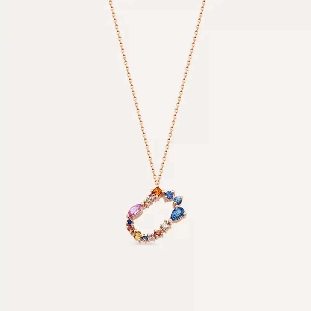 Letter U Multicolor Sapphire and Diamond Rose Gold Necklace