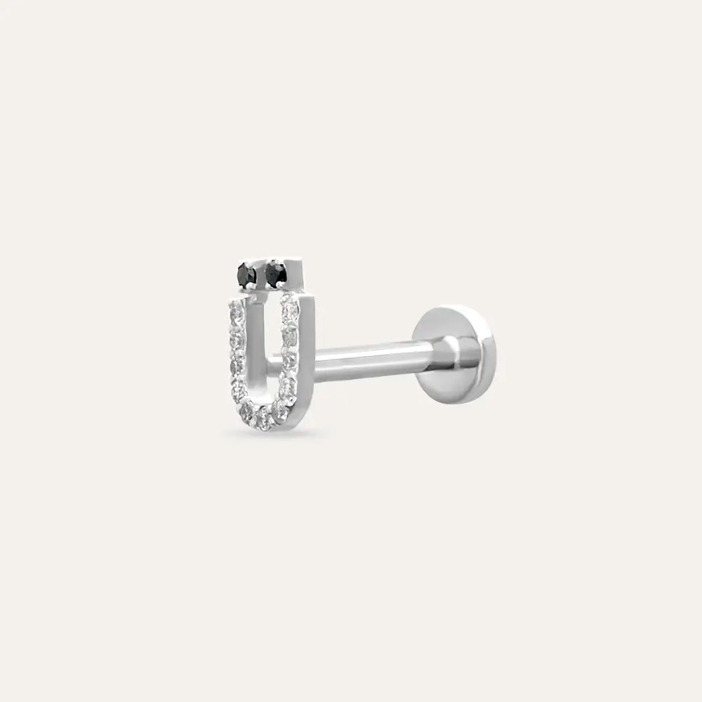 Ü Harf Pırlanta Taşlı Beyaz Altın Piercing