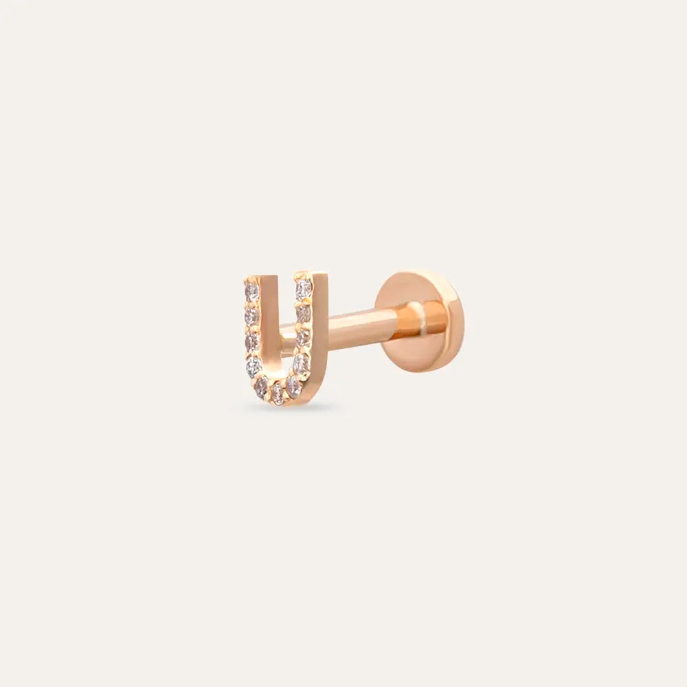 U Harf Pırlanta Taşlı Rose Altın Piercing