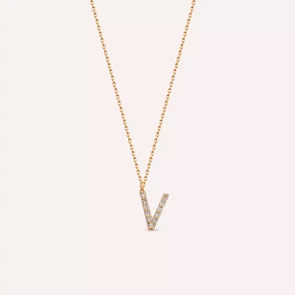 V Harf 0.08 CT Pırlanta Taşlı Rose Altın Kolye