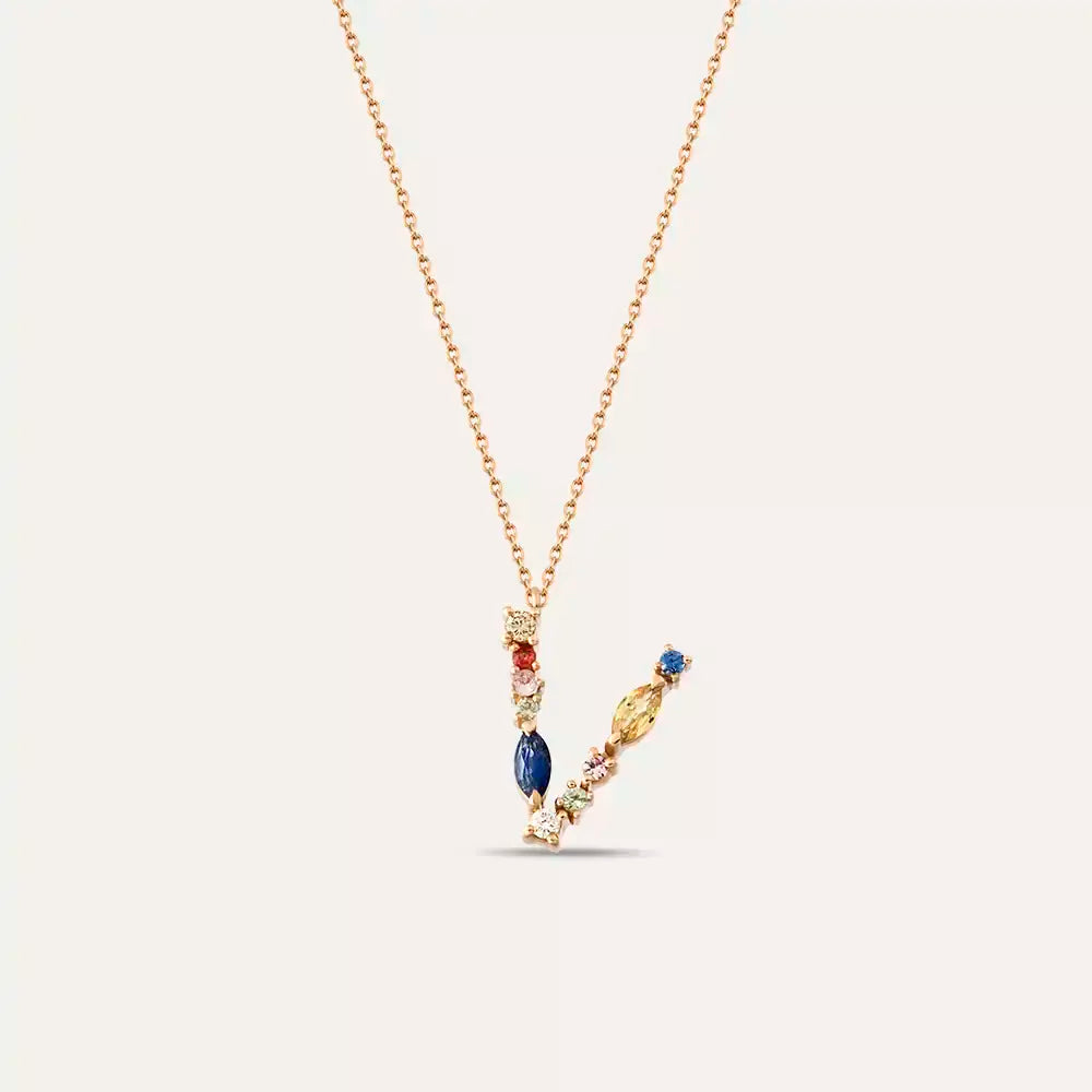 V Letter Brown Diamond and Multicolor Sapphire Rose Gold Necklace