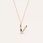 V Letter Brown Diamond and Multicolor Sapphire Rose Gold Necklace