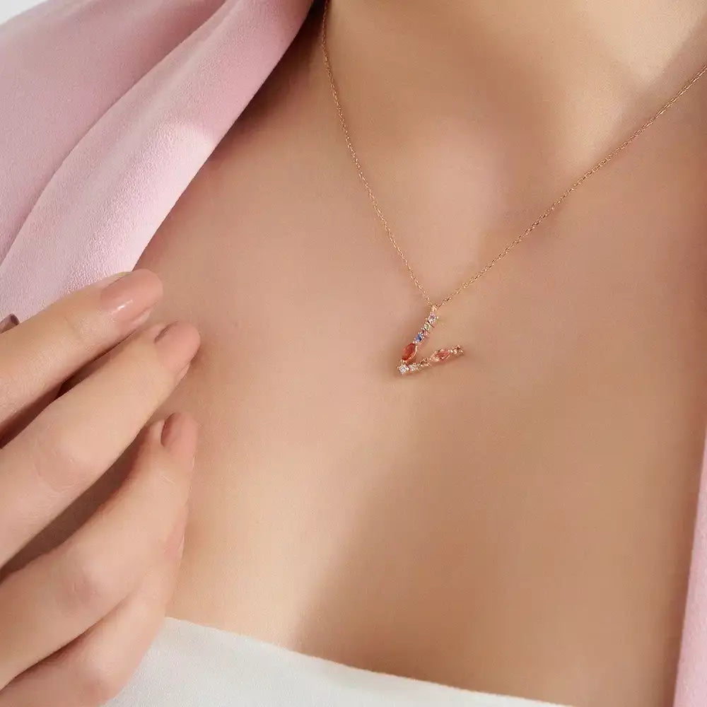 V Letter Brown Diamond and Multicolor Sapphire Rose Gold Necklace