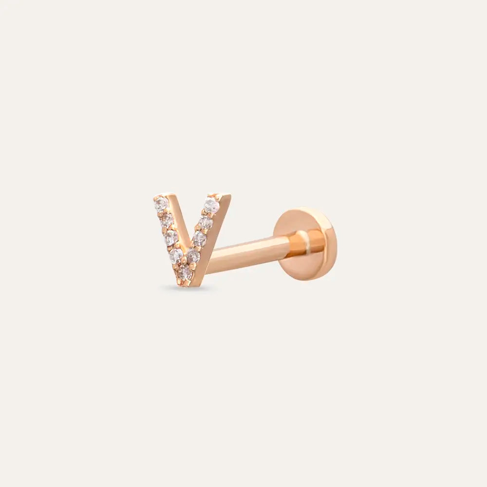 V Harf Pırlanta Taşlı Rose Altın Piercing