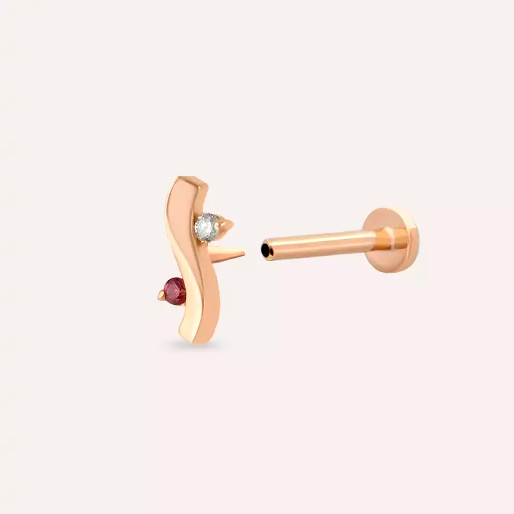Wave Red Safir ve Pırlanta Taşlı Rose Altın Piercing