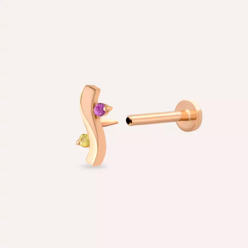 Wave Yellow ve Pink Safir Taşlı Rose Altın Piercing