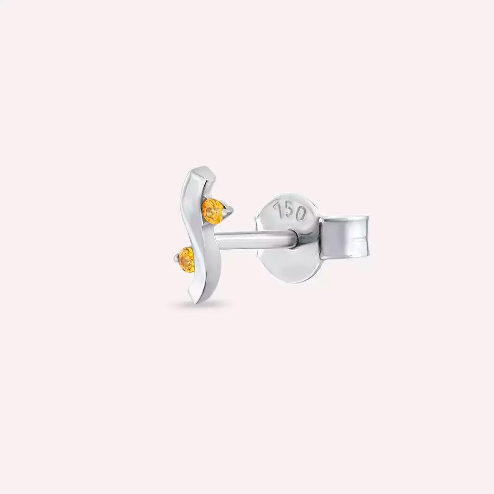 Wavy Yellow Safir Taşlı Beyaz Altın Tek Küpe