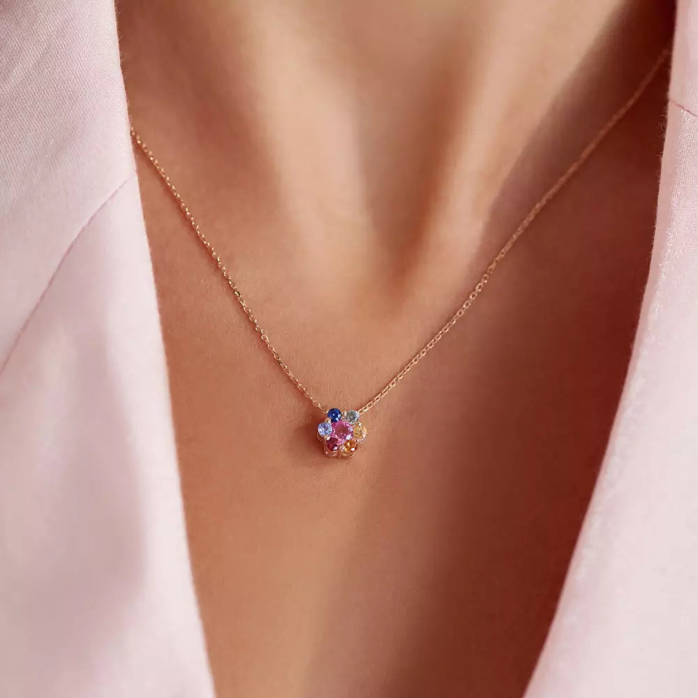 Flower Multicolored Sapphire Rose Gold Necklace