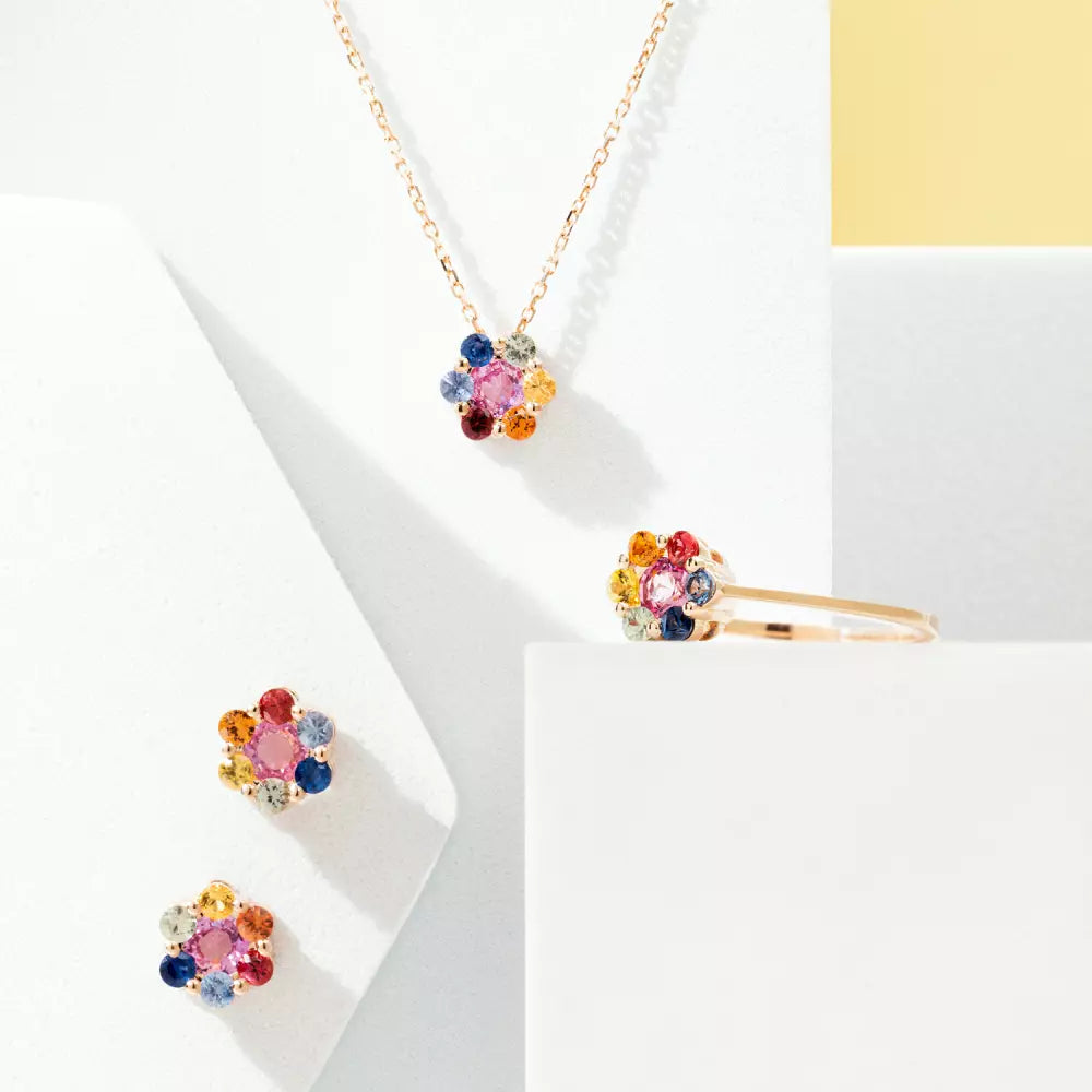 Flower Multicolored Sapphire Rose Gold Necklace